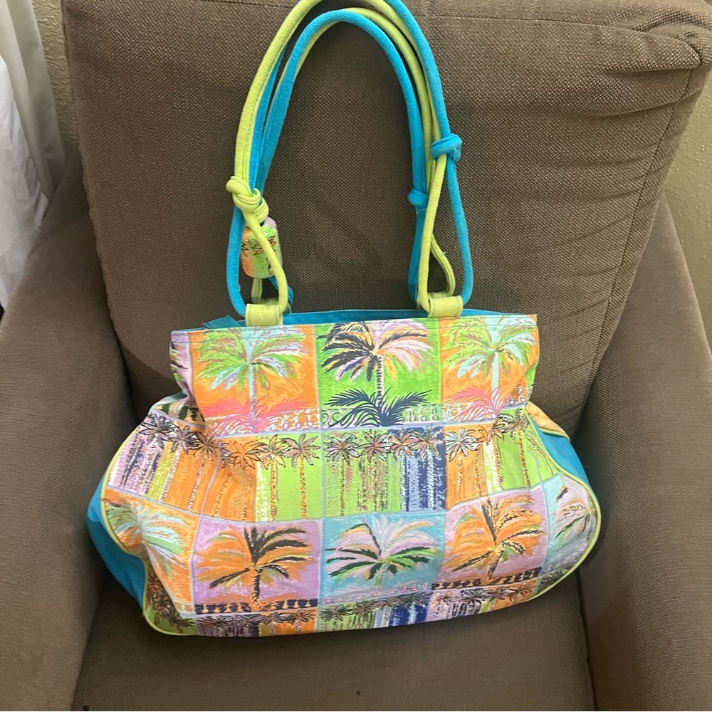 Anne Ormsby Signed Tropical Jeweled Neon Beach Bag Palm Trees